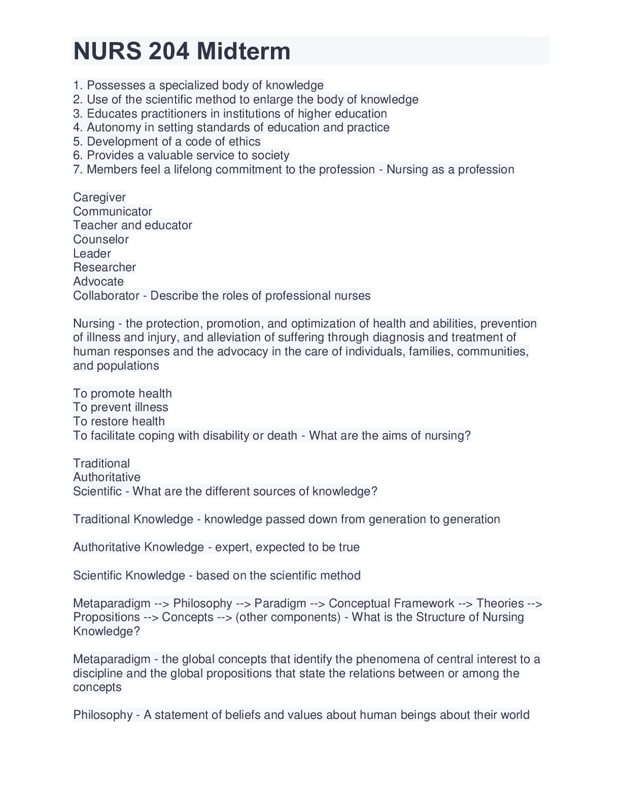 Preview of NURS 204 Midterm